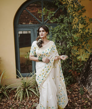 Yellow flower embroidery cotton saree