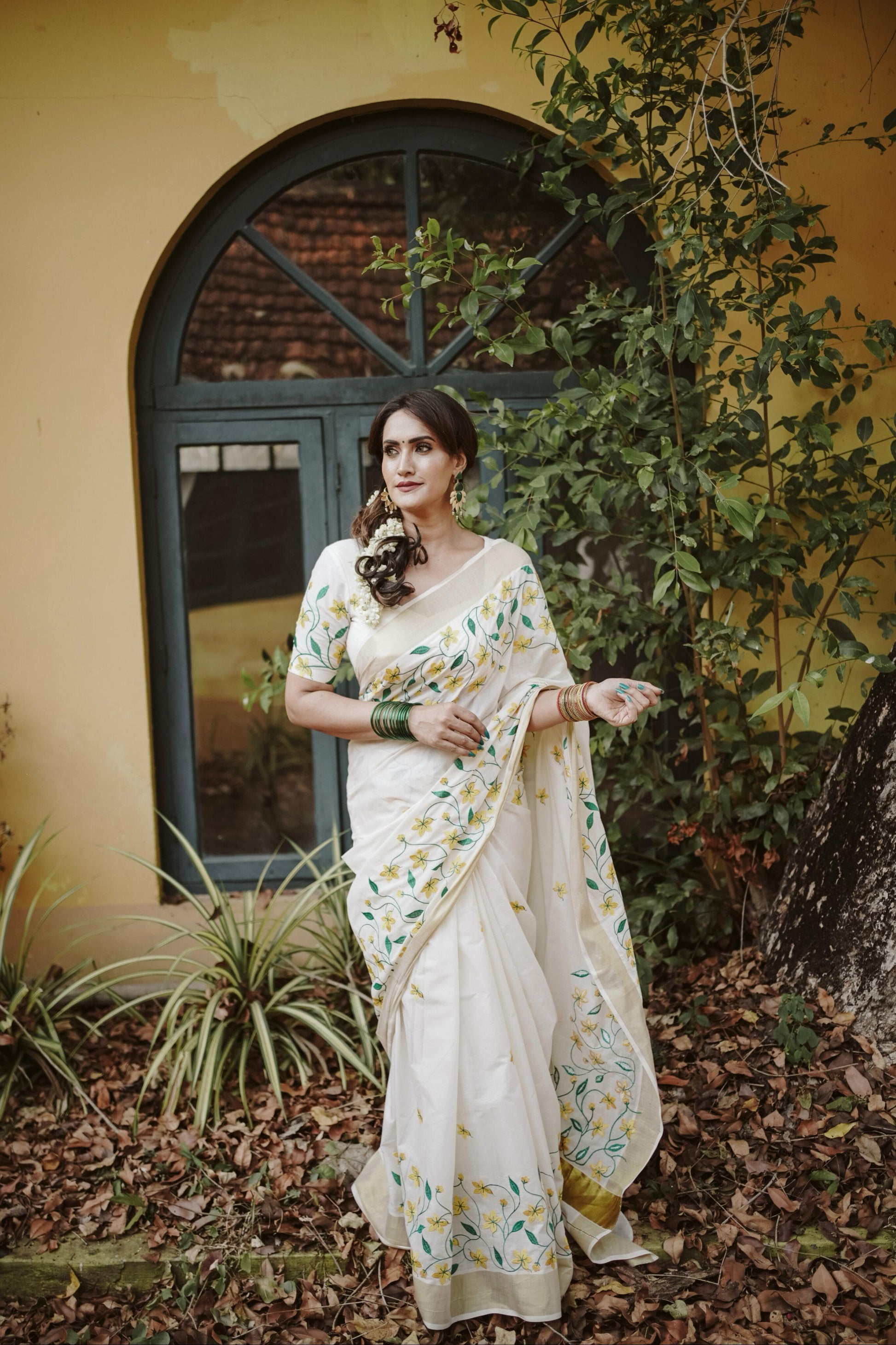 Yellow flower embroidery cotton saree