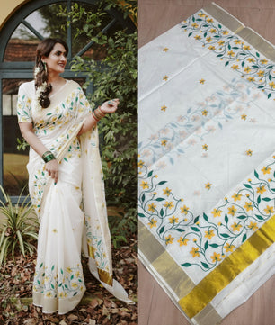 Yellow flower embroidery cotton saree