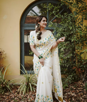 Yellow flower embroidery cotton saree
