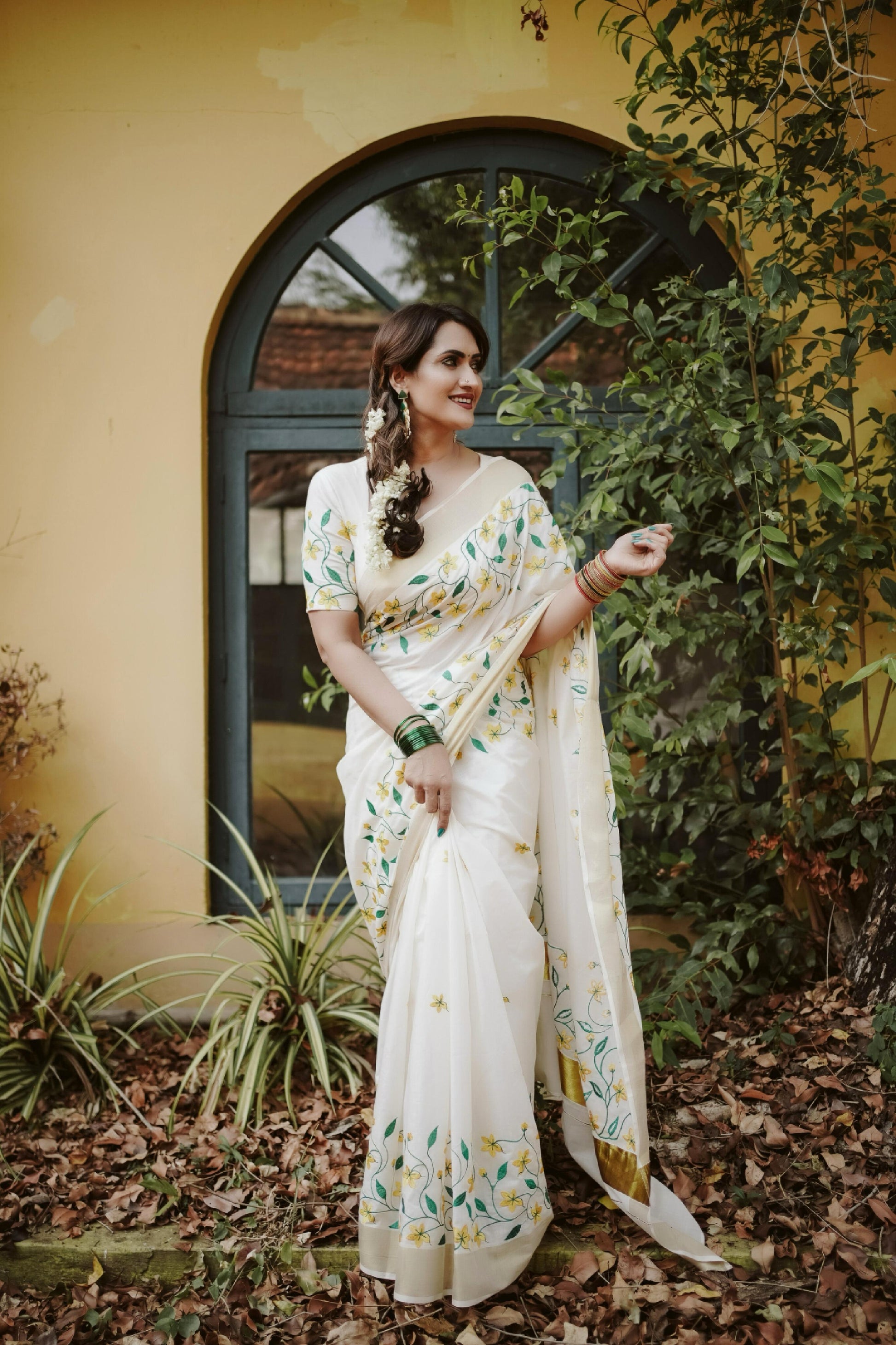 Yellow flower embroidery cotton saree