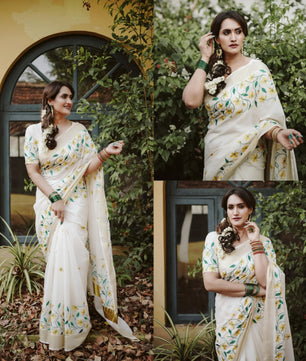 Yellow flower embroidery cotton saree