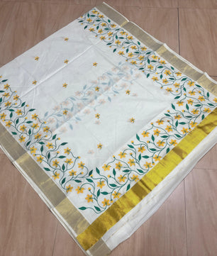 Yellow flower embroidery cotton saree
