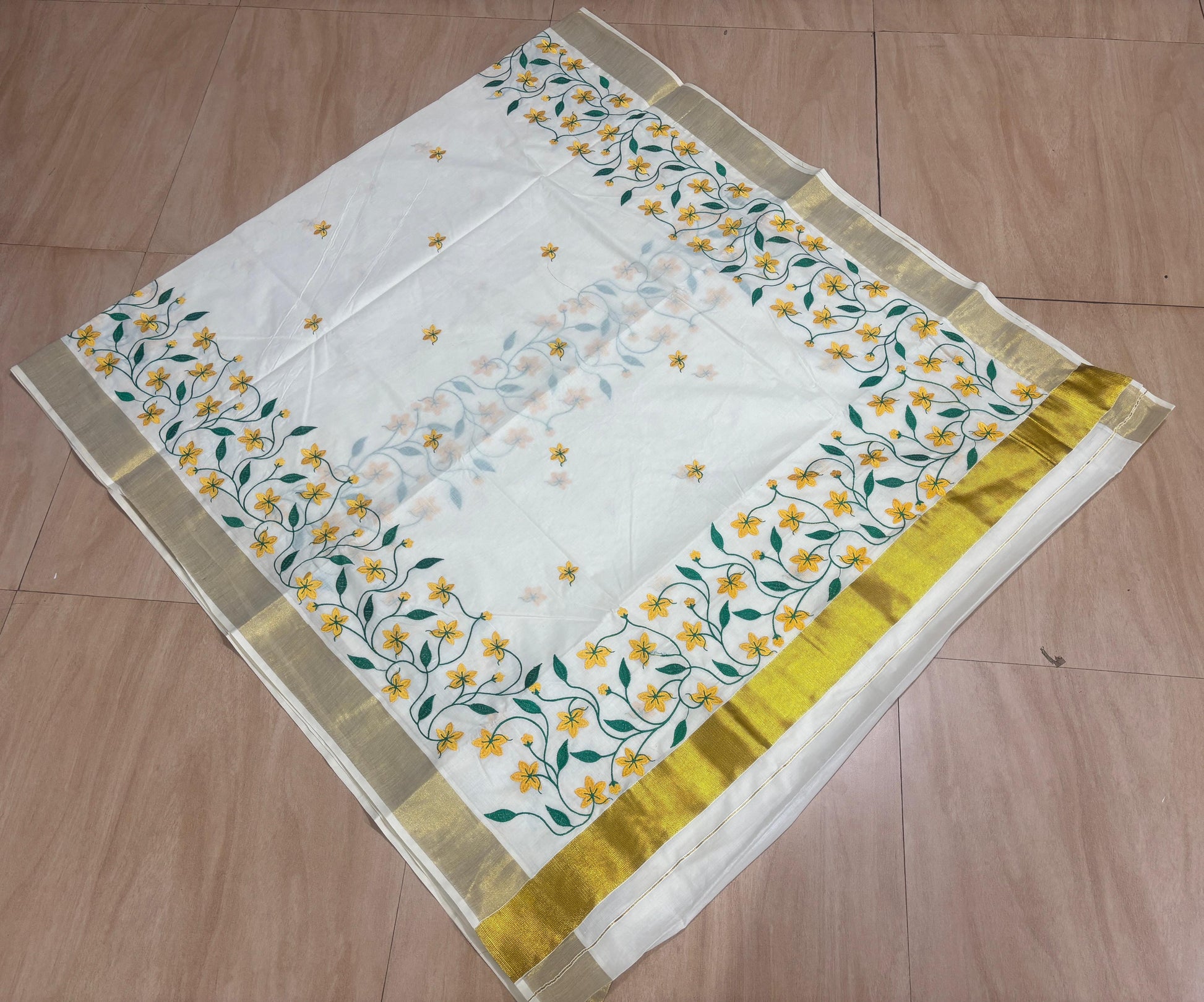 Yellow flower embroidery cotton saree