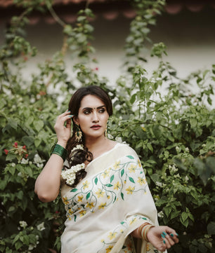 Yellow flower embroidery cotton saree