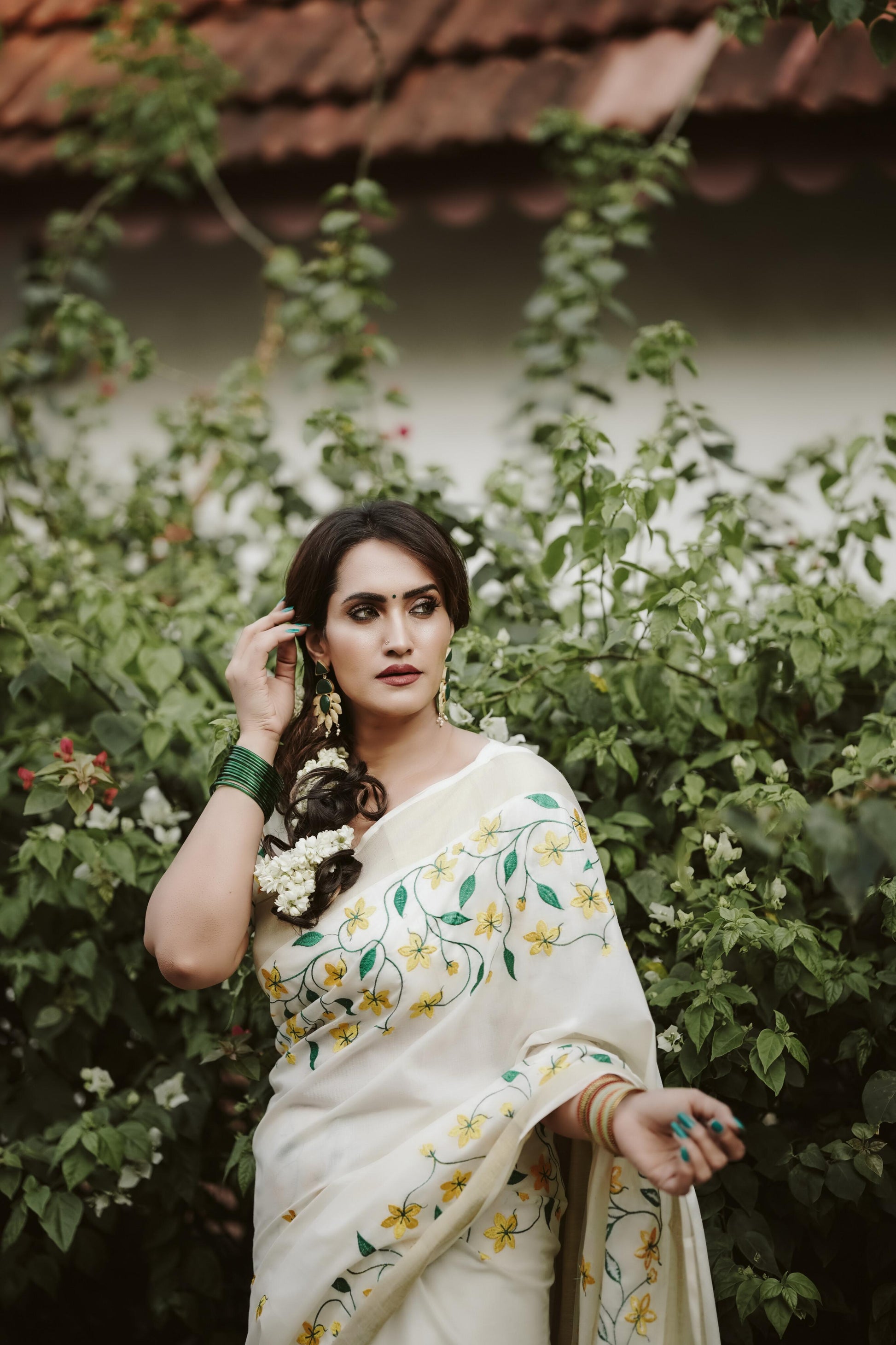 Yellow flower embroidery cotton saree