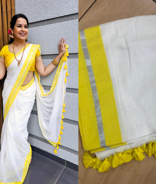 Yellow silver mul mul saree