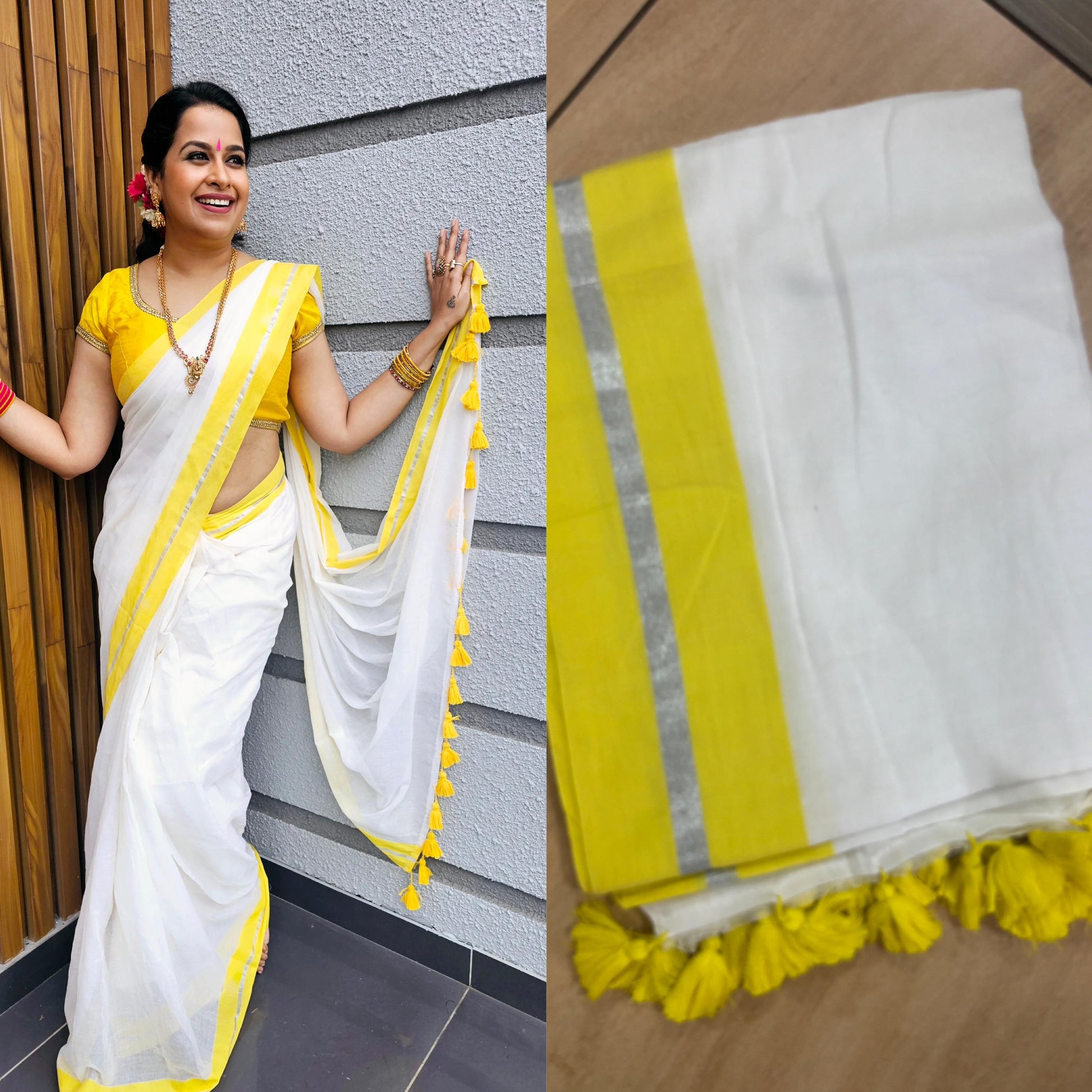 Yellow silver mul mul saree
