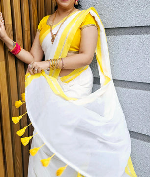 Yellow silver mul mul saree