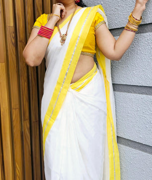 Yellow silver mul mul saree