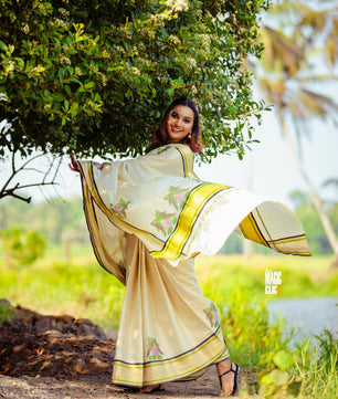 Raja chitra tajore painting digital printed tissue saree