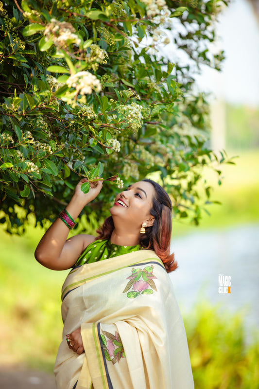 Raja chitra tajore painting digital printed tissue saree