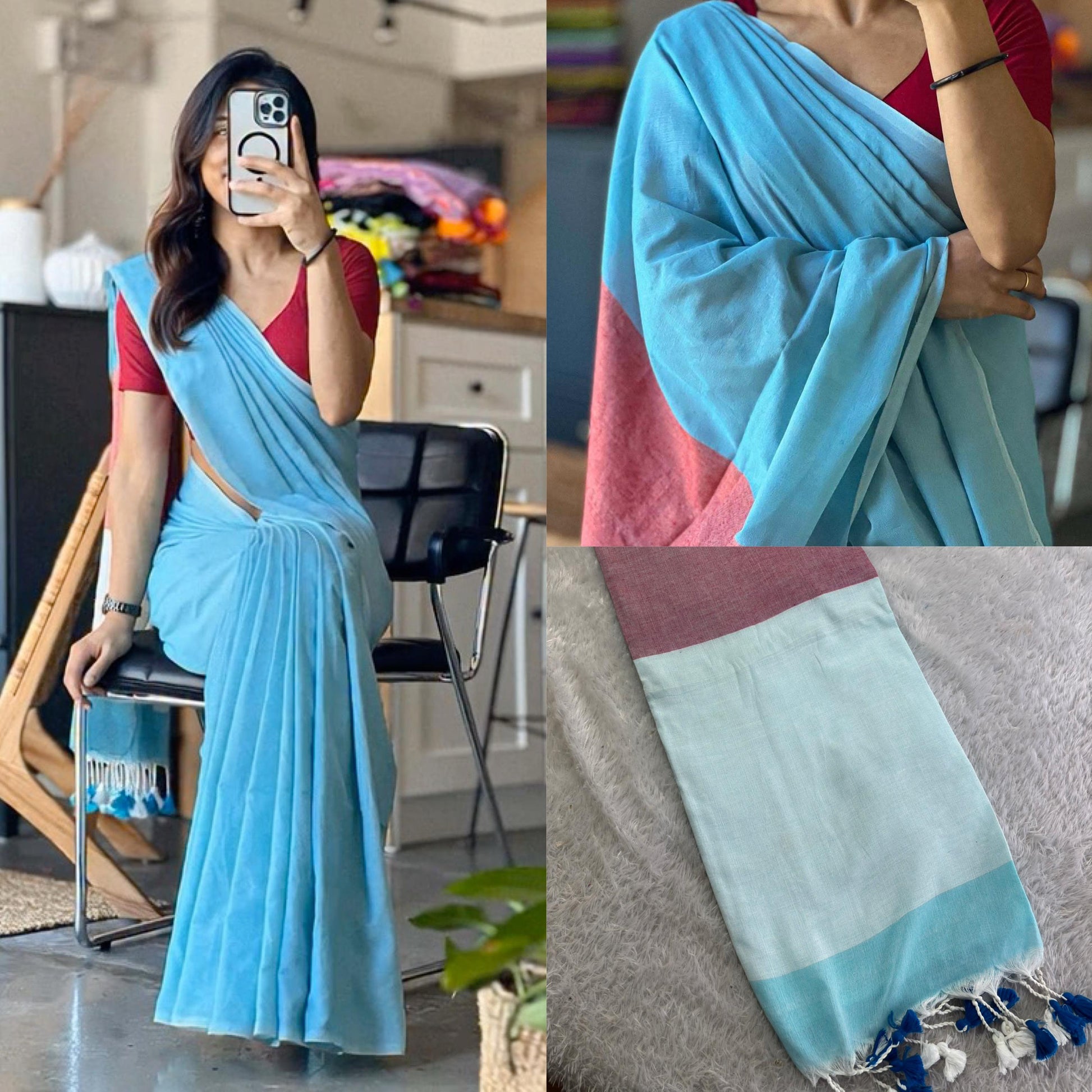 sky blue khadi cotton saree