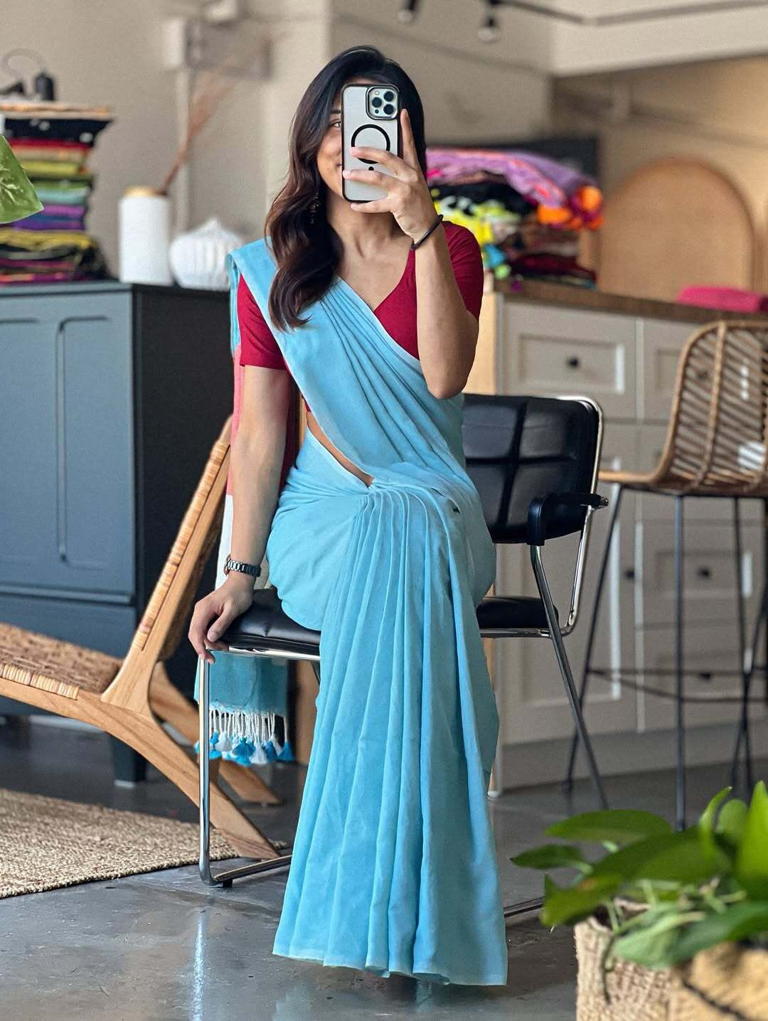 sky blue khadi cotton saree