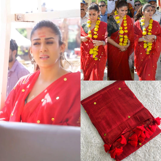 Nayanthara inspired metallic tissue saree