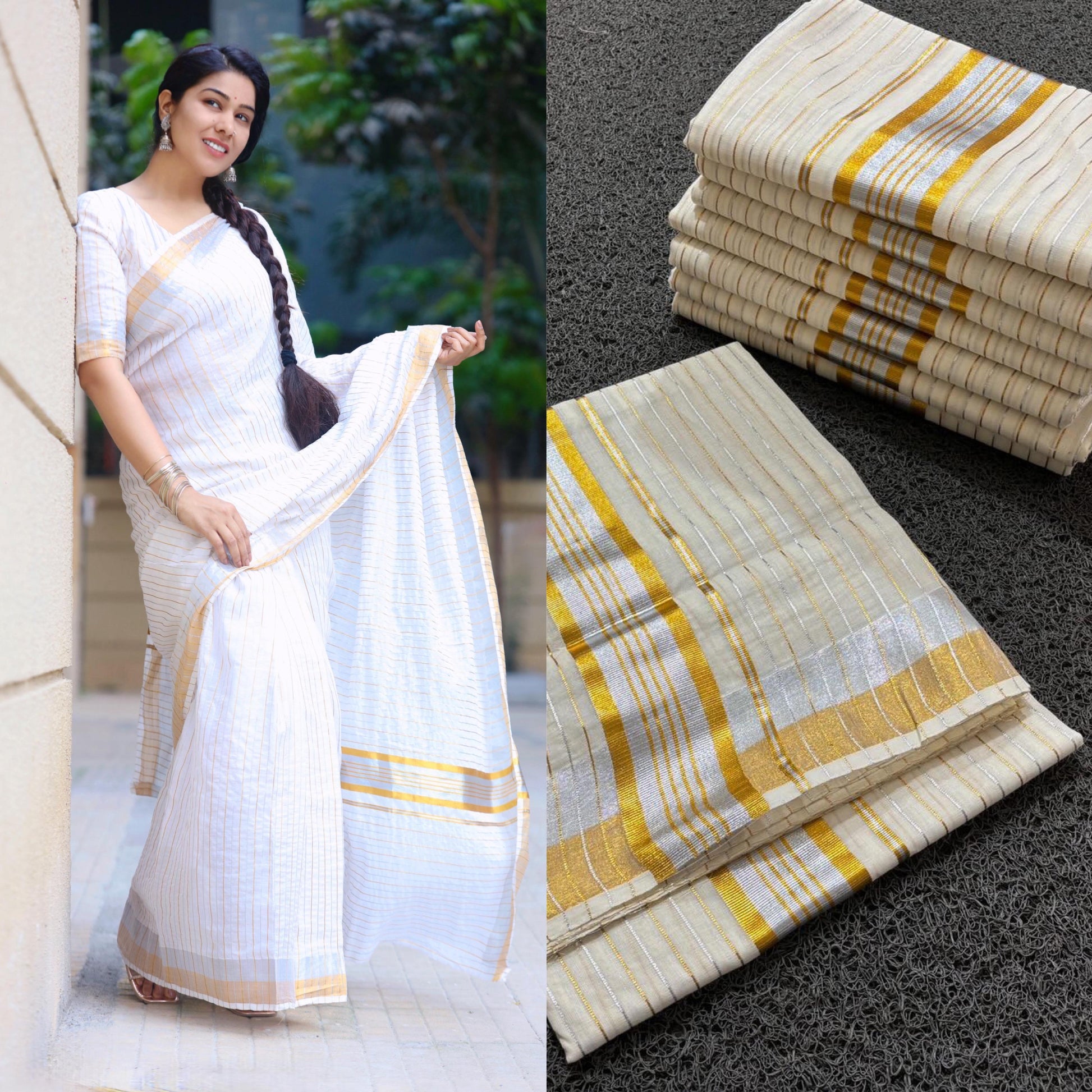 Silver gold cotton ready to wear and normal saree