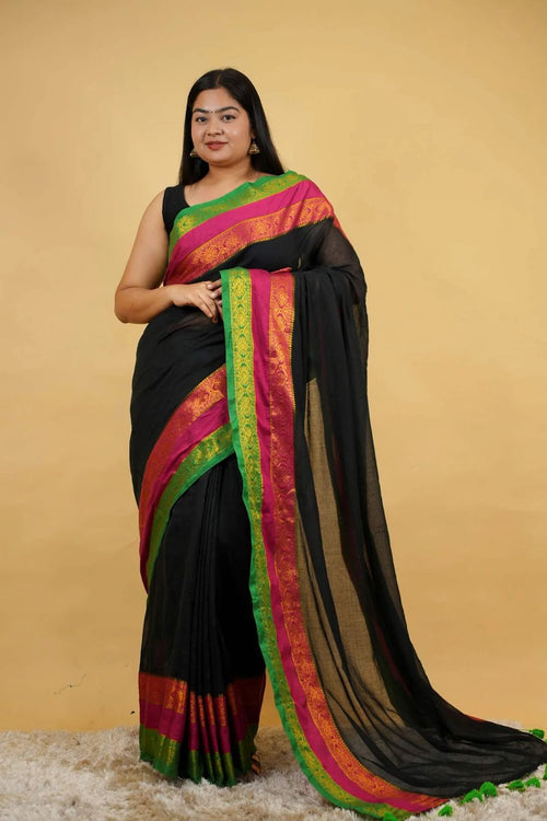 Menaka - Jaq border 3 line MUL Cotton Saree