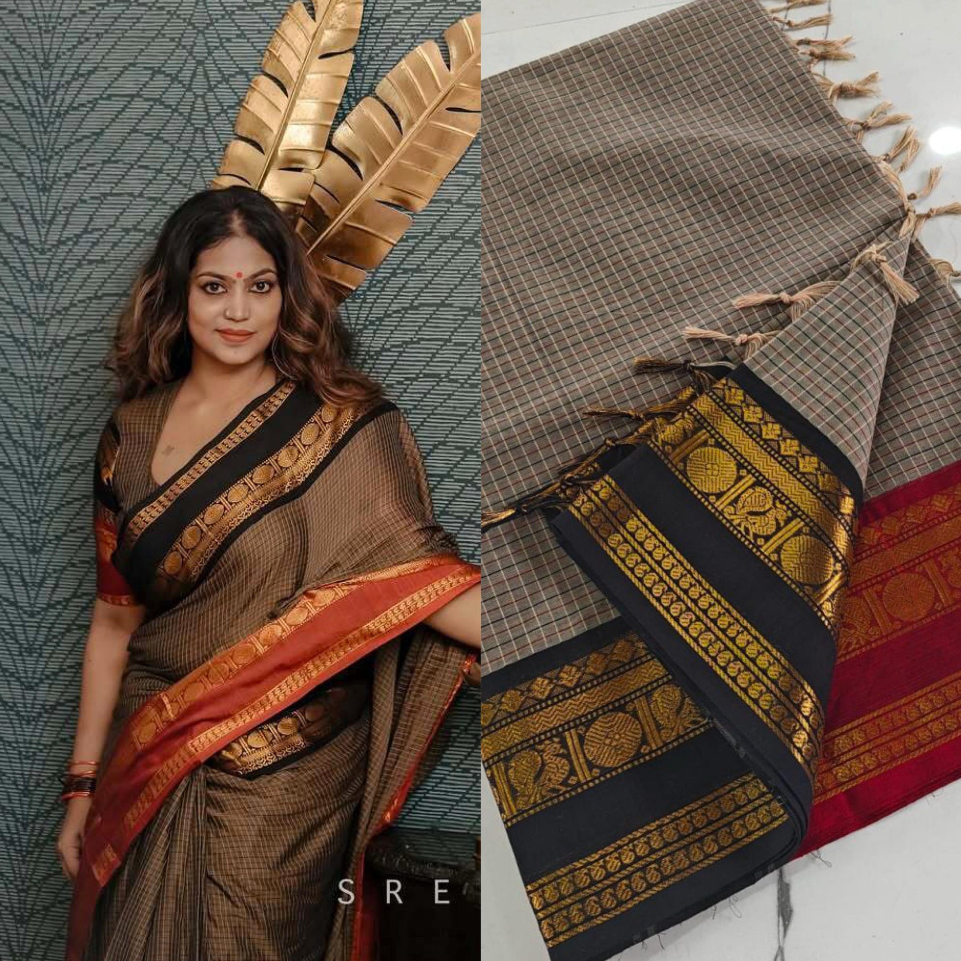 Ganga Jamuna border Jari Checks Chettinad cotton Saree