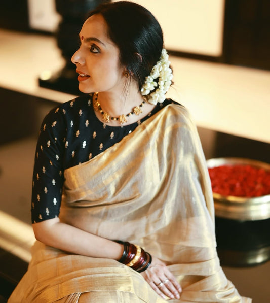 Linen tissue Gold Saree