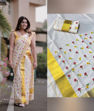 Micro flower golden kasavu cotton set mundu