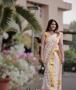 Micro flower golden kasavu cotton set mundu