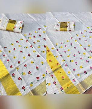 Micro flower golden kasavu cotton set mundu