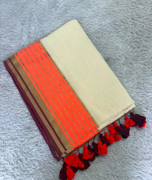 Orange 6 line mul cotton saree
