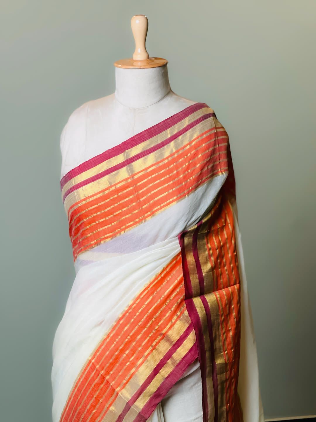 Orange 6 line mul cotton saree