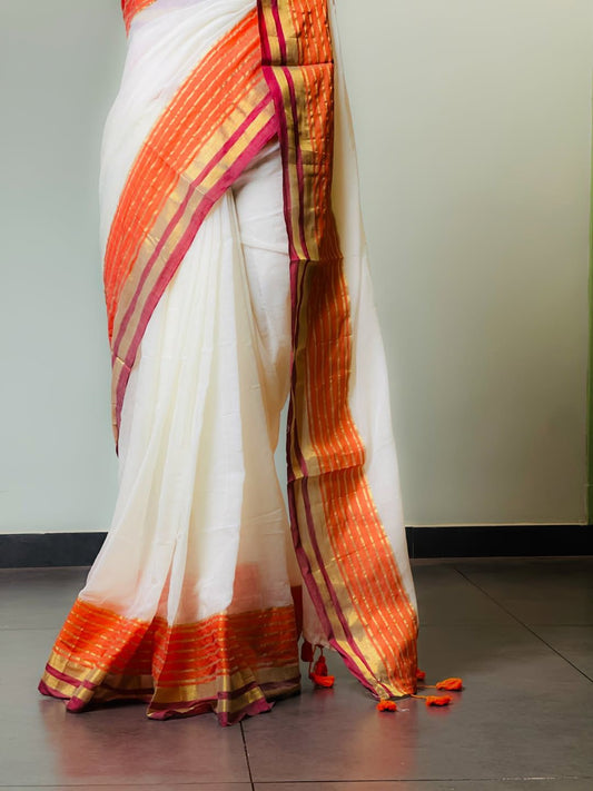 Orange 6 line mul cotton saree