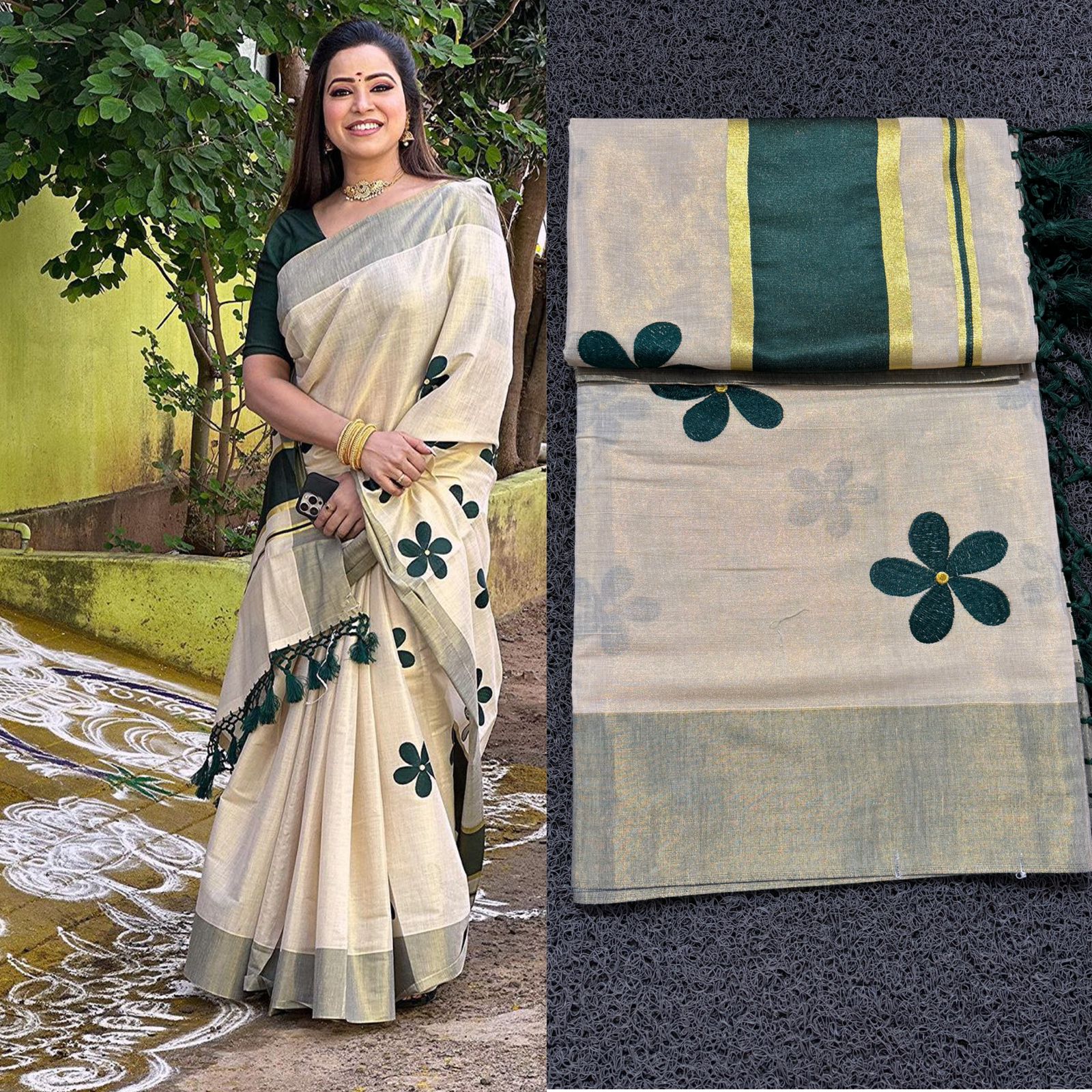 Green flower embro golden tissue saree with tussles.