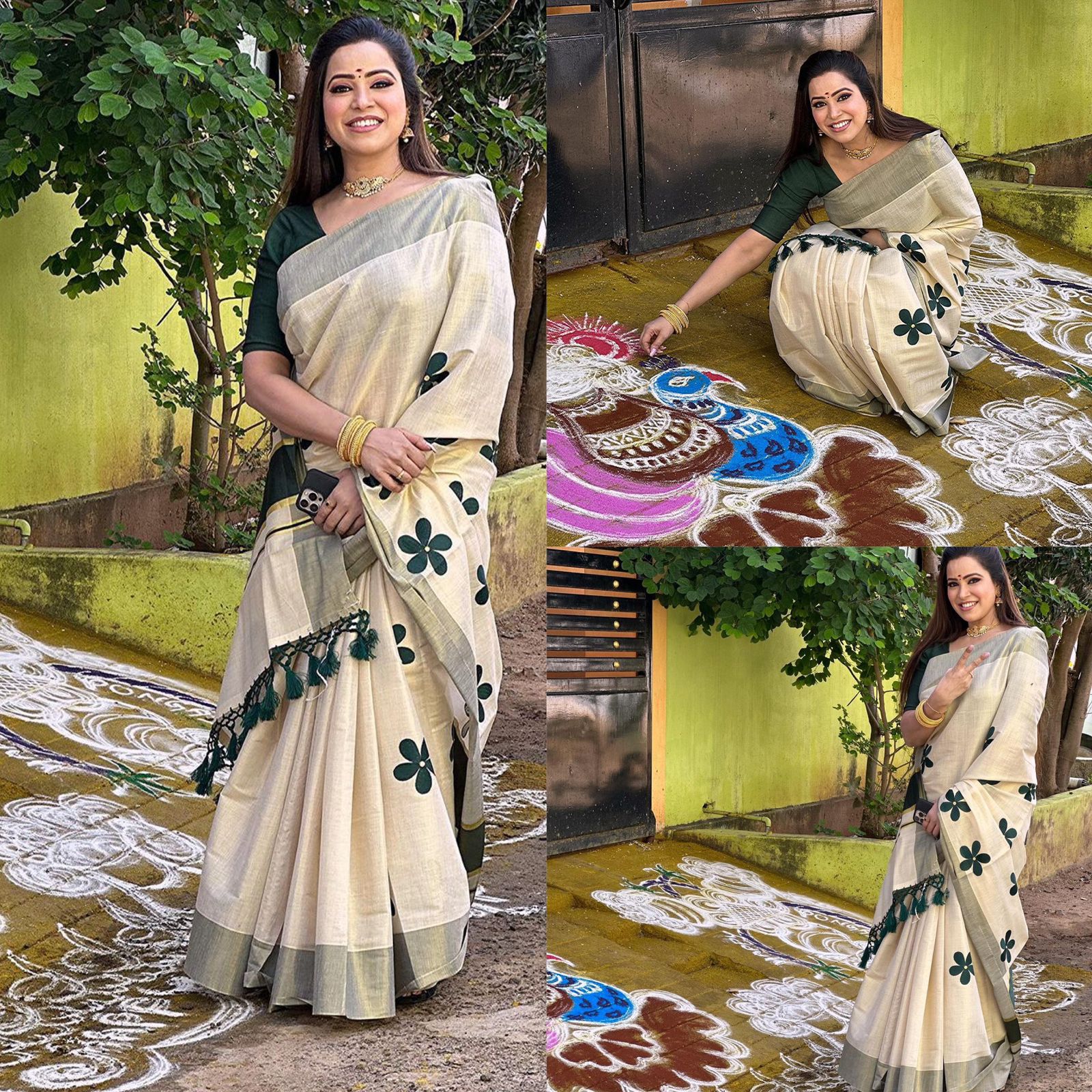 Green flower embro golden tissue saree with tussles.