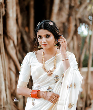 Elephant  with umbrella embro cotton saree