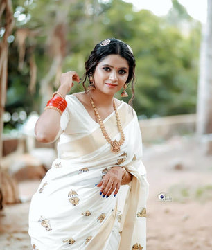 Elephant  with umbrella embro cotton saree