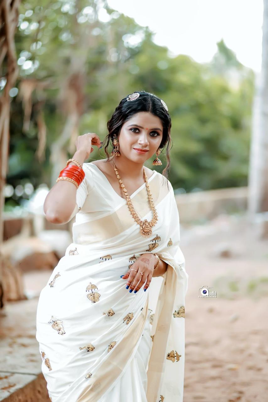Elephant  with umbrella embro cotton saree