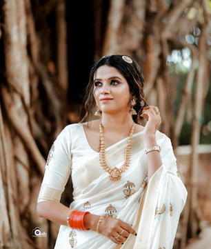 Elephant  with umbrella embro cotton saree
