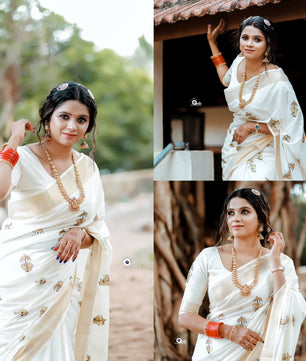 Elephant  with umbrella embro cotton saree