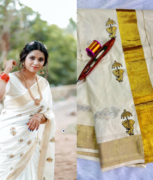 Elephant  with umbrella embro cotton saree
