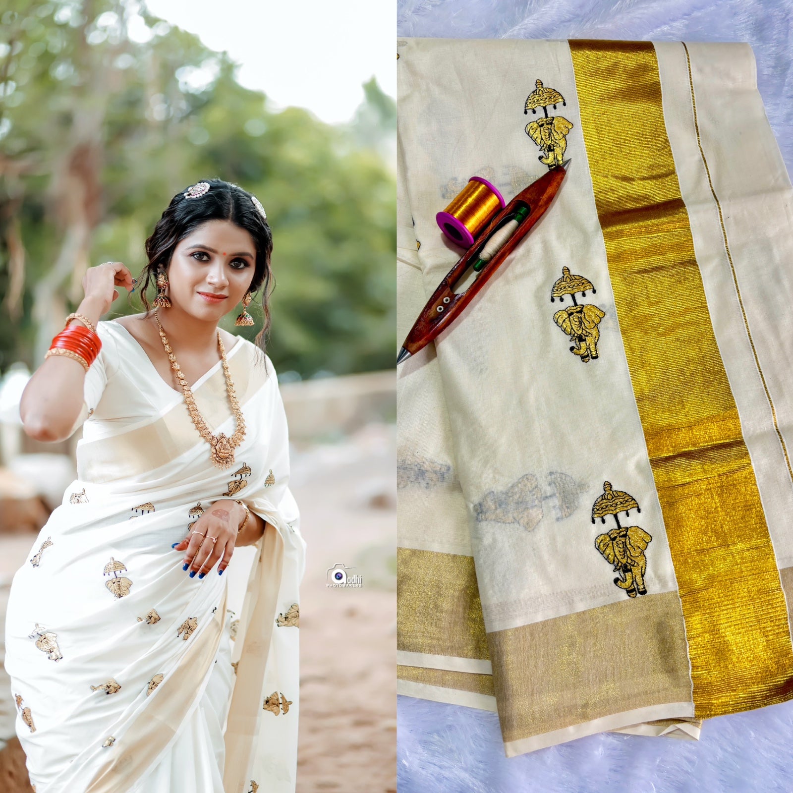 Elephant  with umbrella embro cotton saree