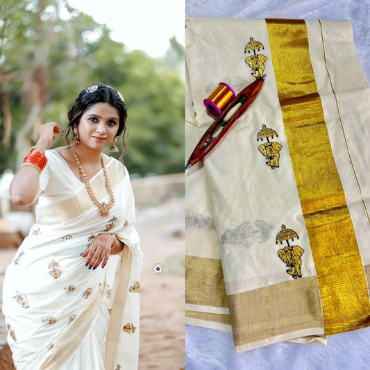 Elephant  with umbrella embro cotton saree
