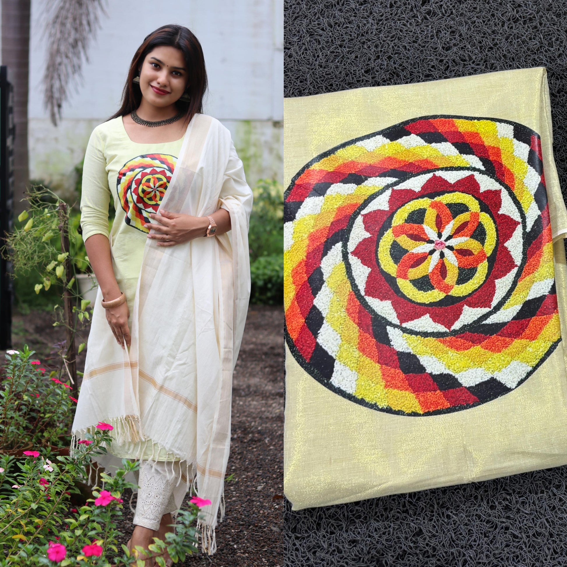 athapookalam golden tissue chudi full set material