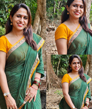 Pratika - Green Checked Yellow Border Cotton Saree