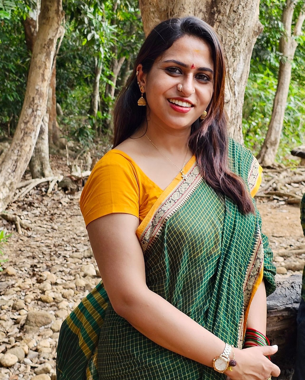 Pratika - Green Checked Yellow Border Cotton Saree