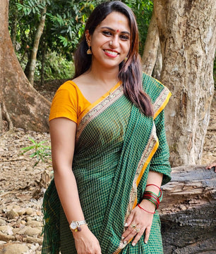 Pratika - Green Checked Yellow Border Cotton Saree