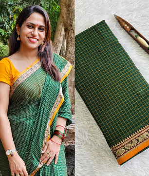 Pratika - Green Checked Yellow Border Cotton Saree