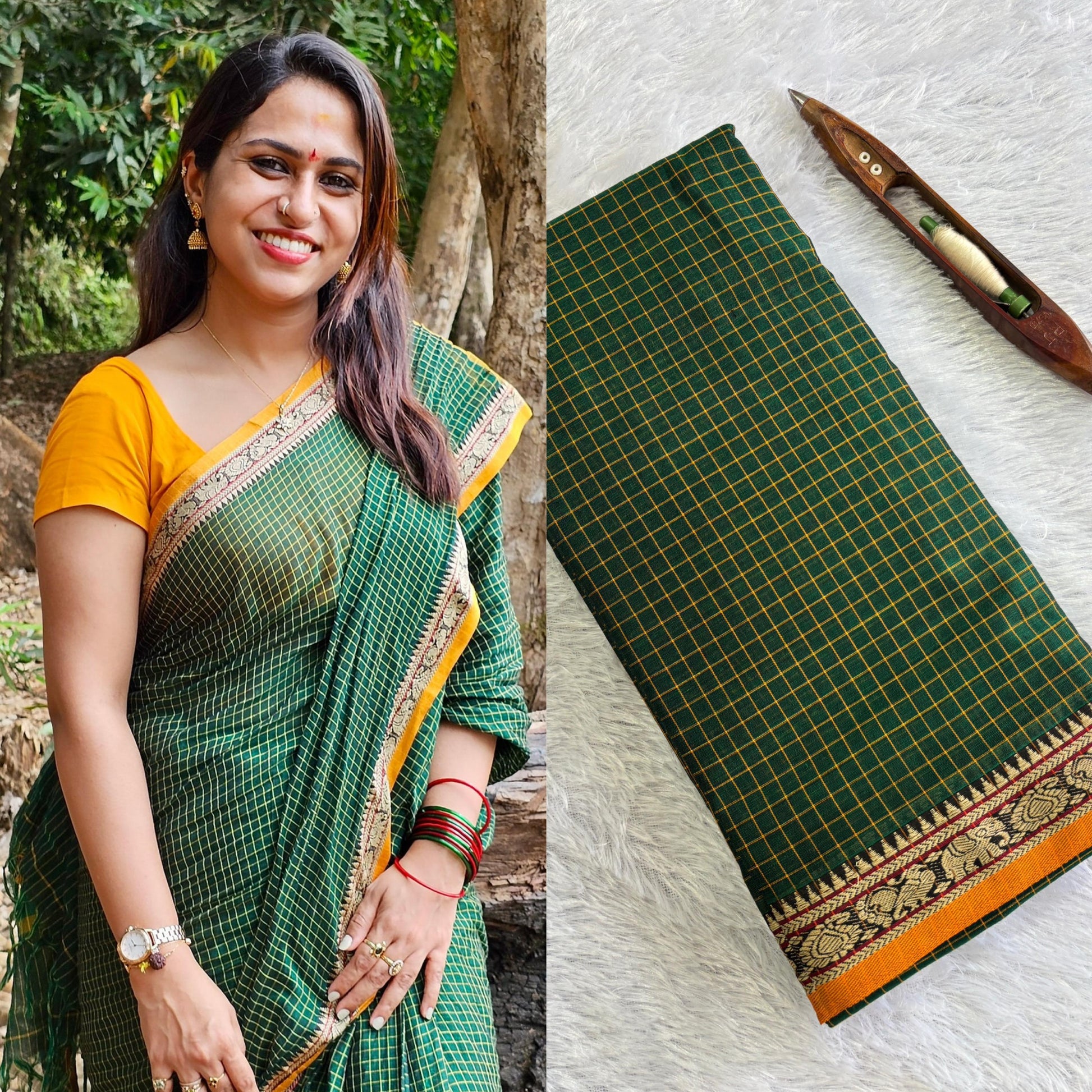 Pratika - Green Checked Yellow Border Cotton Saree
