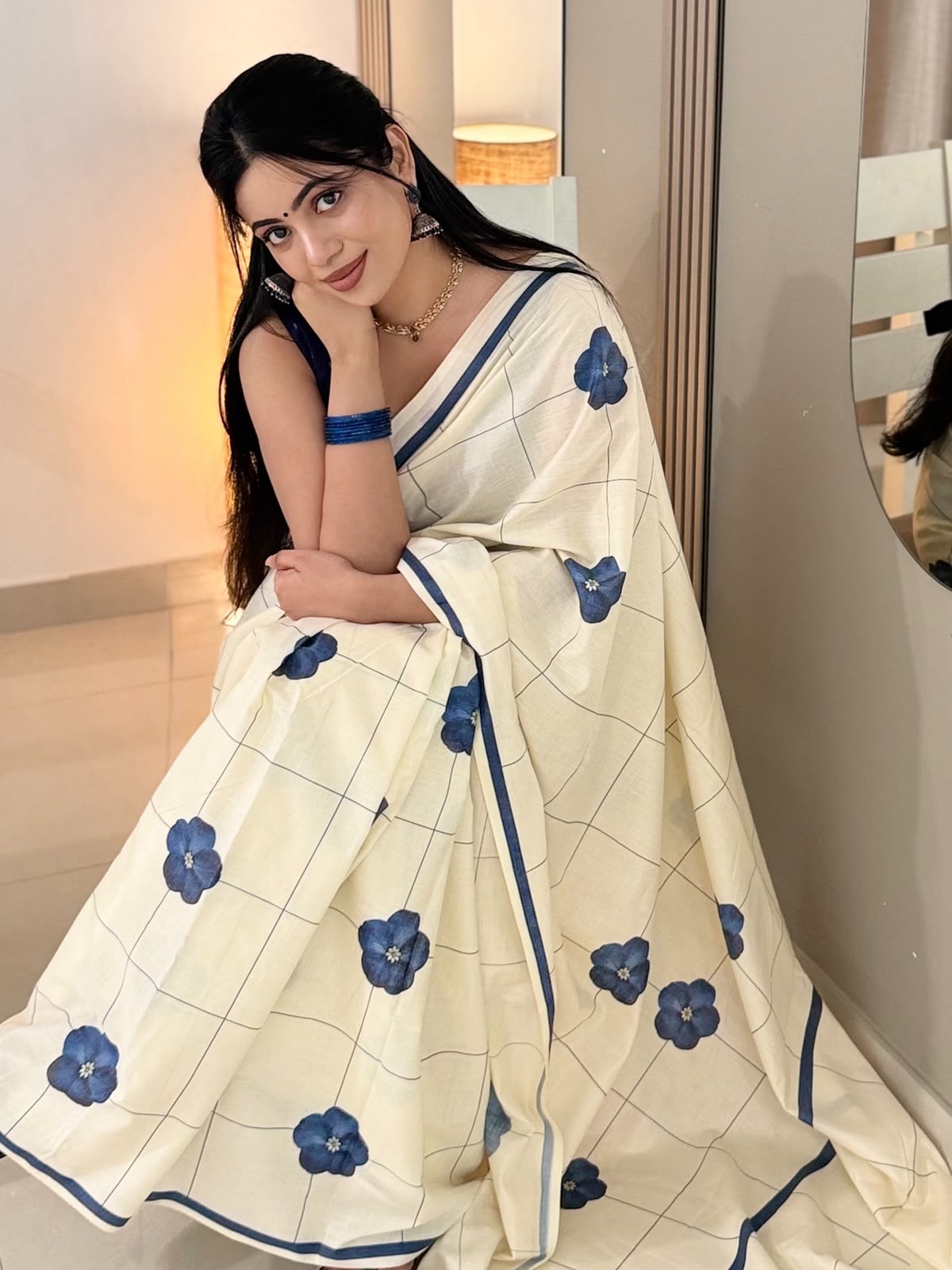 Indigo bloom checks  : Pure cotton digital printed