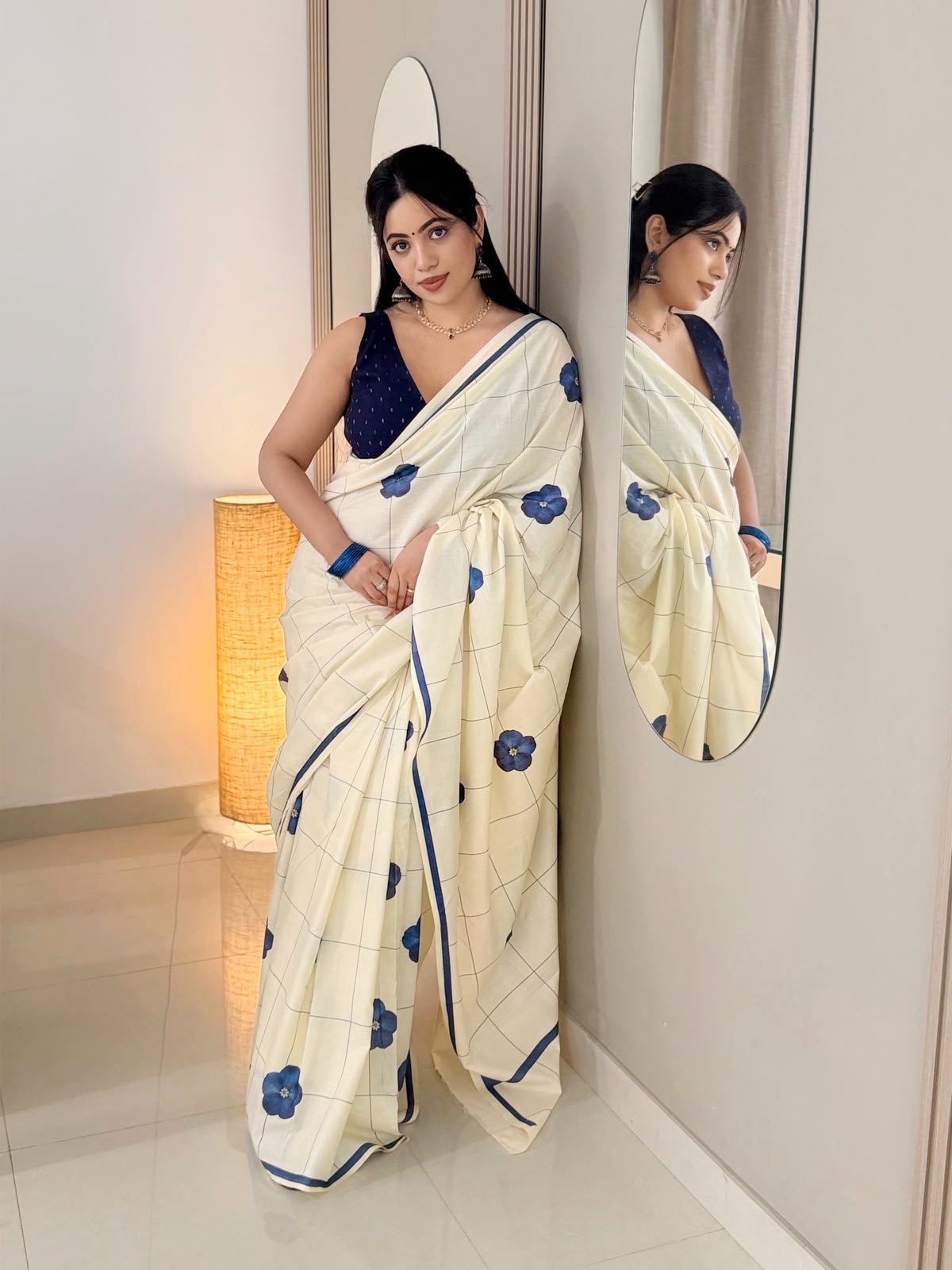 Indigo bloom checks  : Pure cotton digital printed