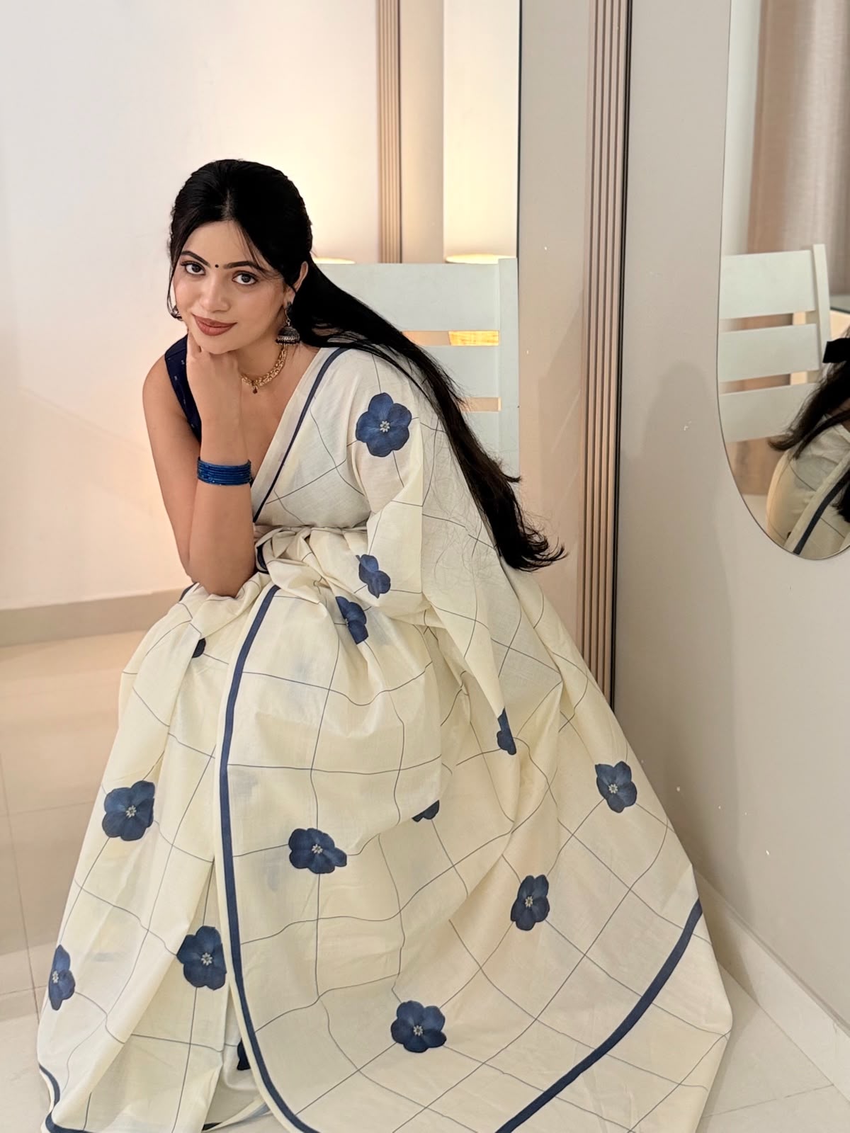 Indigo bloom checks  : Pure cotton digital printed