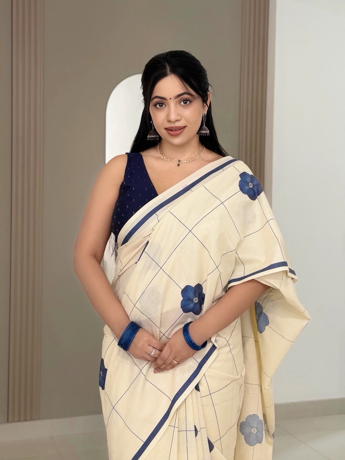 Indigo bloom checks  : Pure cotton digital printed