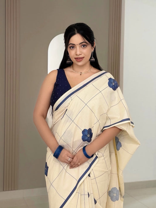 Indigo bloom checks  : Pure cotton digital printed